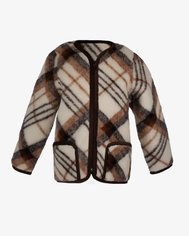 Vlněný kabátek kostka - Barva: Smetanová, hnědý vzor, Velikost: XXL